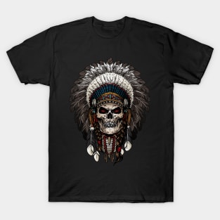 Ancient Indian Chief Skull with feathers T-Shirt